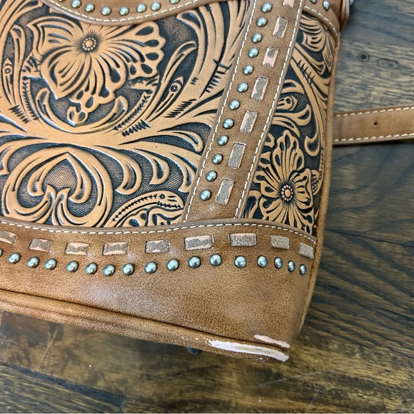 Trinity Ranch Montana West Brown Tooled Studded Design Western Crossbody Bag - Picture 9 of 14